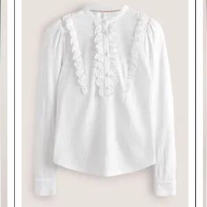 Boden White Broderie Ruffle Jersey Top, NWT, size 8